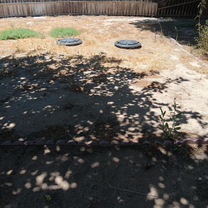 Septic tank lids in dry backyard with fence shadow