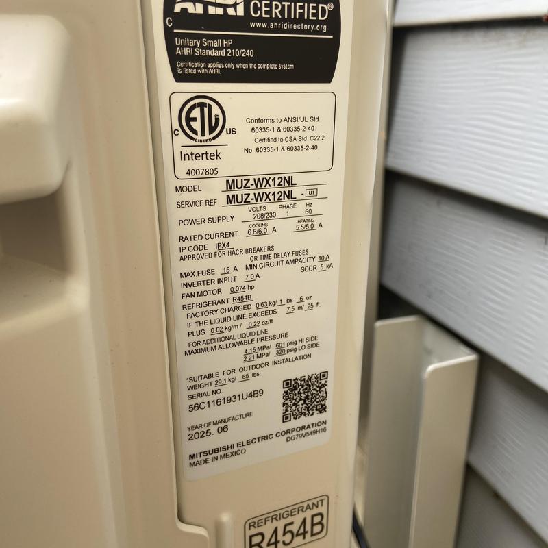 Mini split unit label with model and specs