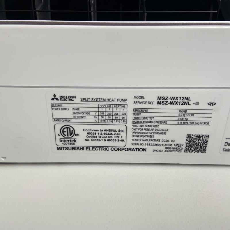 Mitsubishi mini split system heat pump label