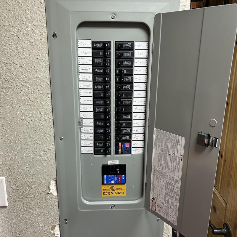 200 amp electrical panel with circuit breakers installed
