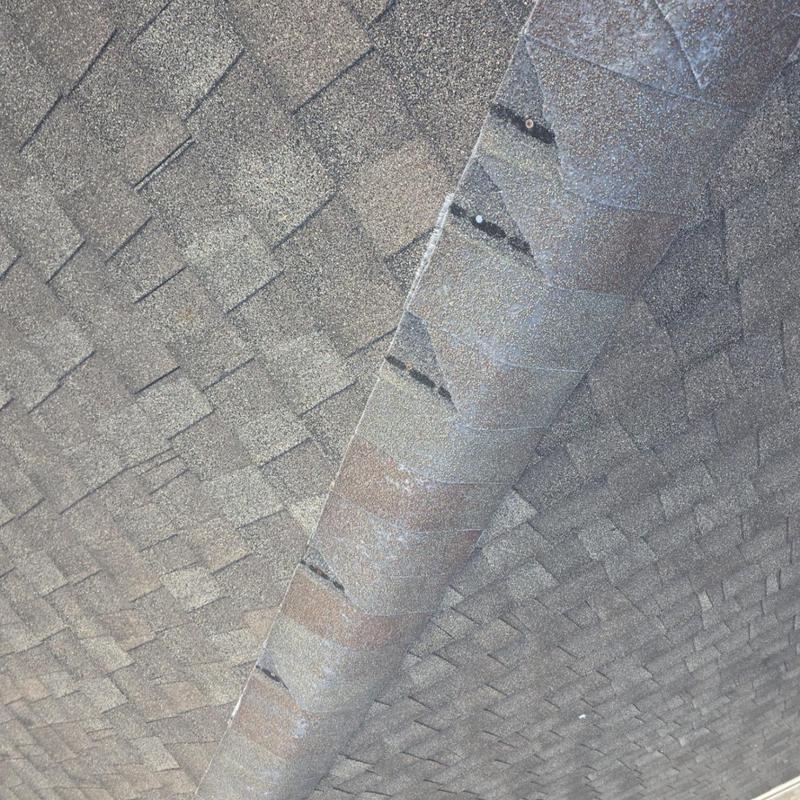 Asphalt shingle ridge cap with hail and wind damage