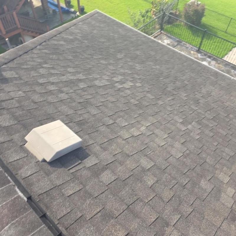 Asphalt shingle roof with vent cover and hail damage