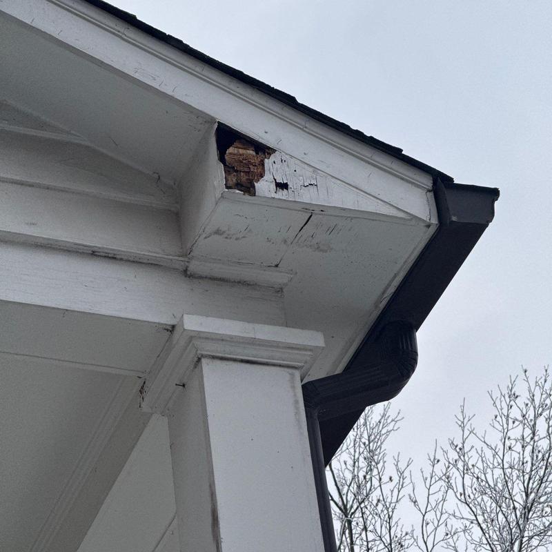 Fascia board with wood rot near gutter downspout