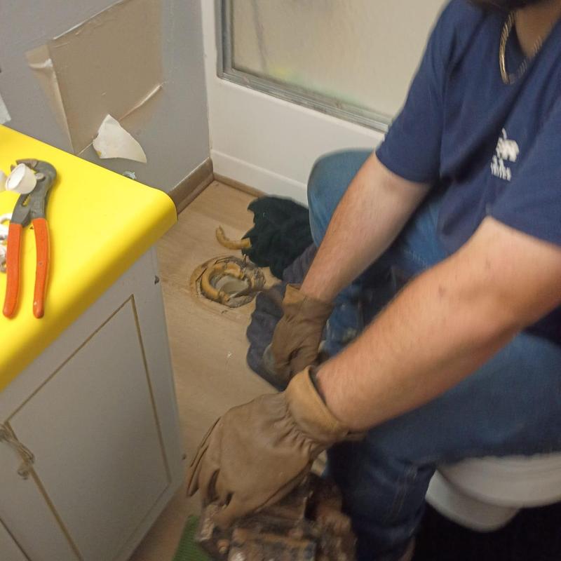 Toilet flange and drain line cabled by plumber in bathroom
