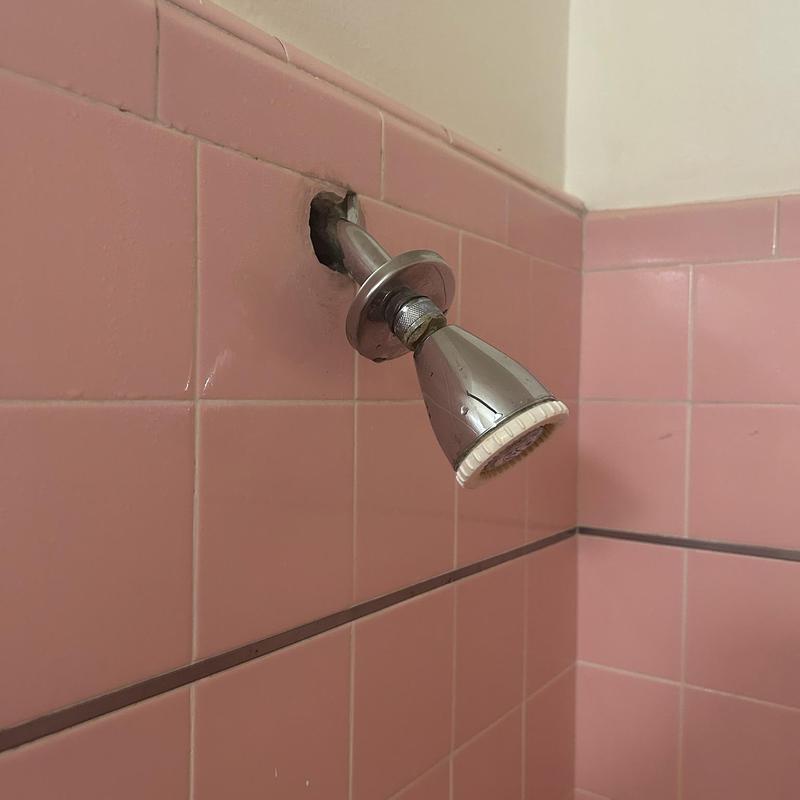 Shower head and arm replacement in pink tiled shower