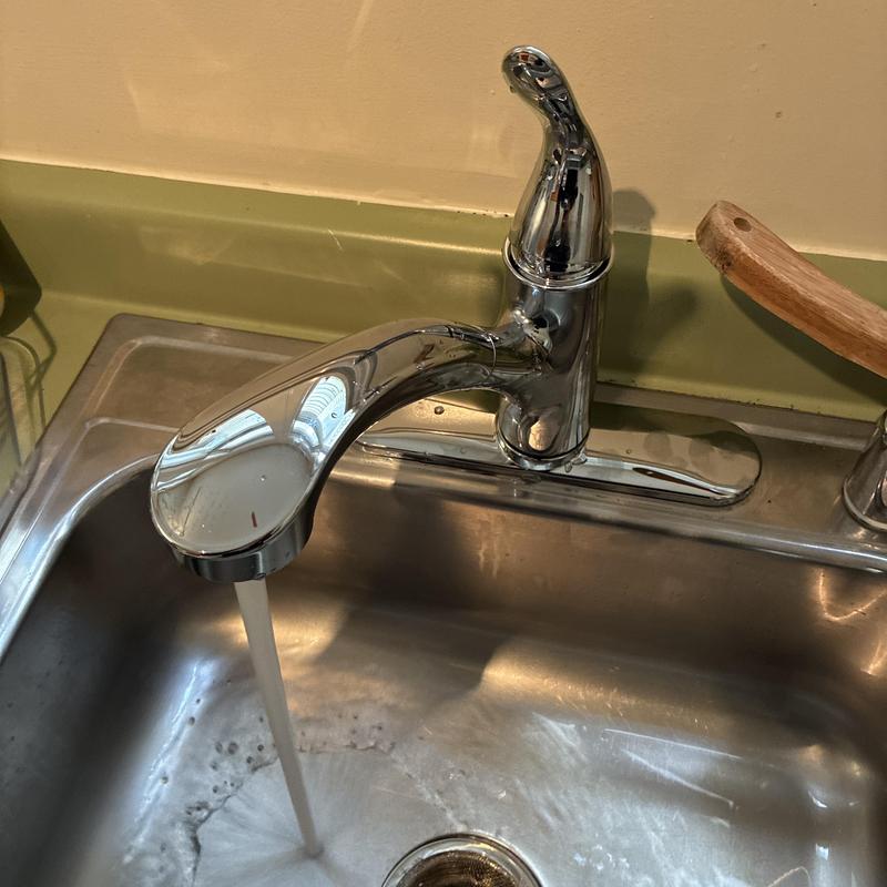 Kitchen faucet with water running in stainless sink