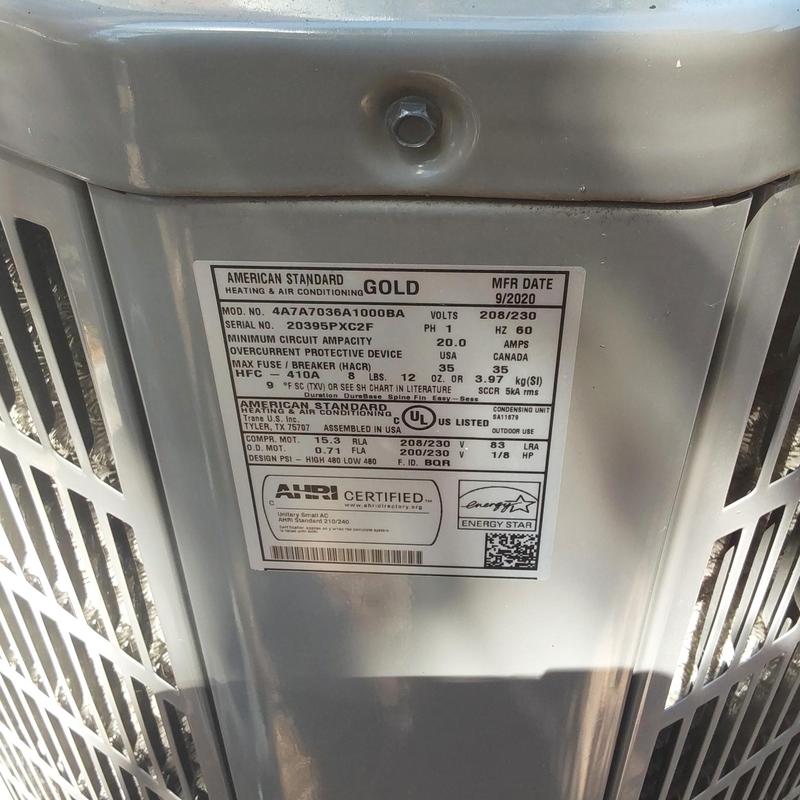 American Standard 4A7A70 two-stage AC unit label