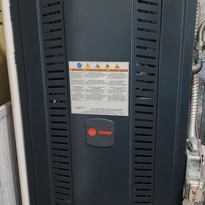 Trane S8X1 furnace installation with warning labels