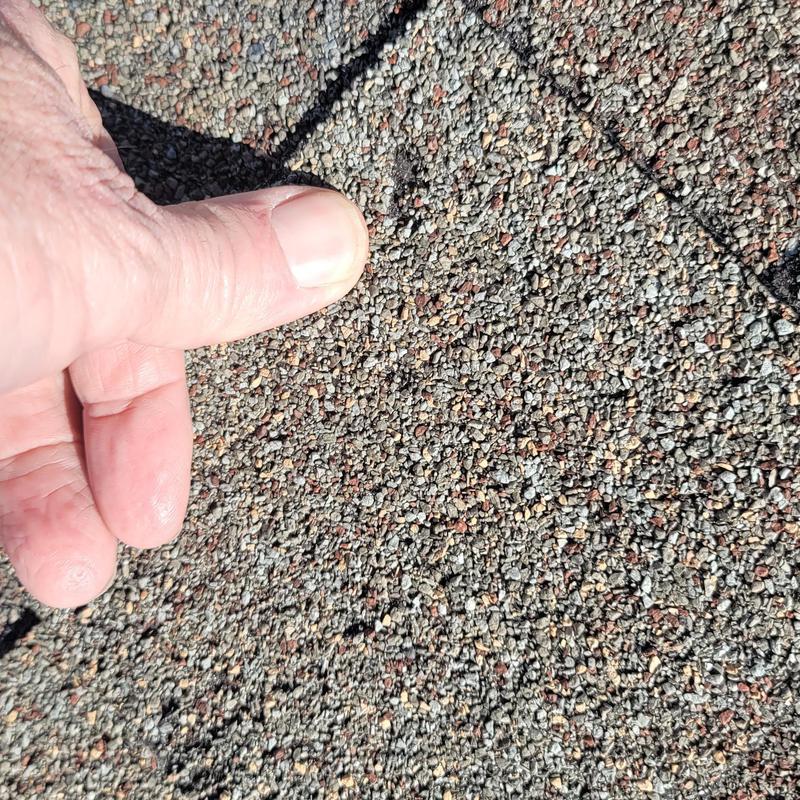 Asphalt shingle roof hail damage close-up with hand for scale