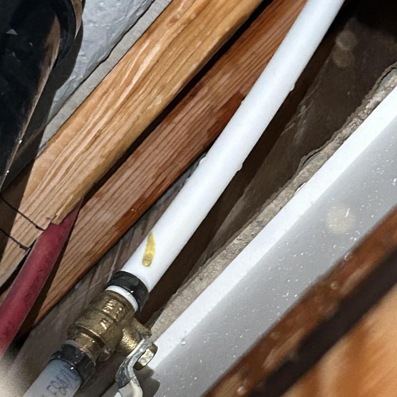 Shower arm plumbing with leak in ceiling cavity Shower arm plumbing with leak in ceiling cavity