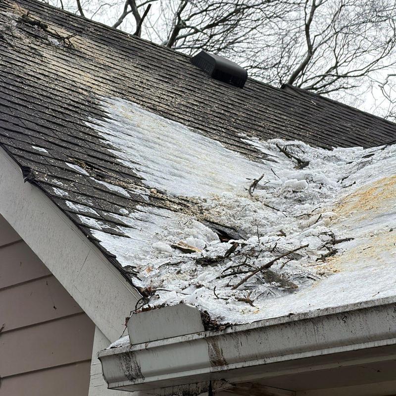 Asphalt shingles with hail damage and debris buildup