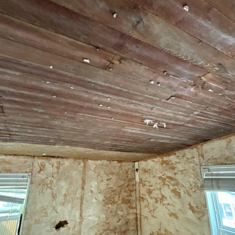 Wood ceiling with multiple nail holes and damage