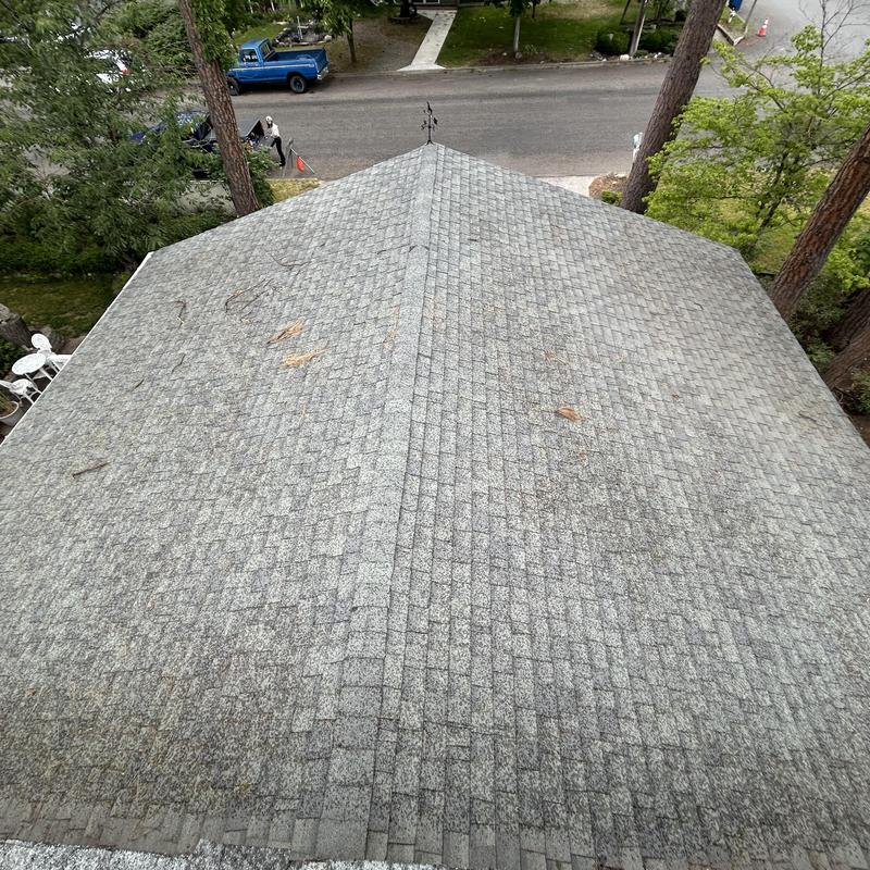 Asphalt shingle roof with light debris and wear Asphalt shingle roof with light debris and wear