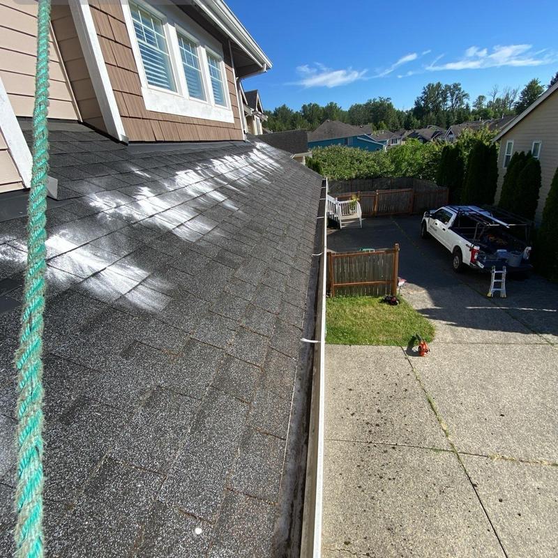 Asphalt shingle roof with cleaning and moss treatment