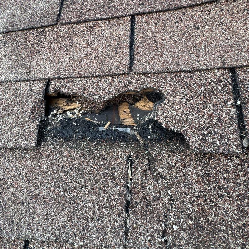 Roof shingles with hail damage and exposed decking