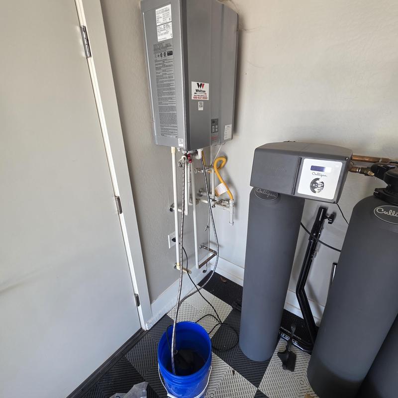 Tankless water heater flush setup with bucket and pipes Tankless water heater flush setup with bucket and pipes