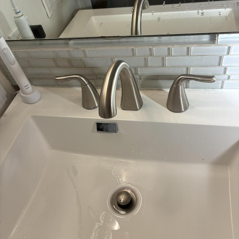 Widespread bathroom faucet with brushed nickel finish