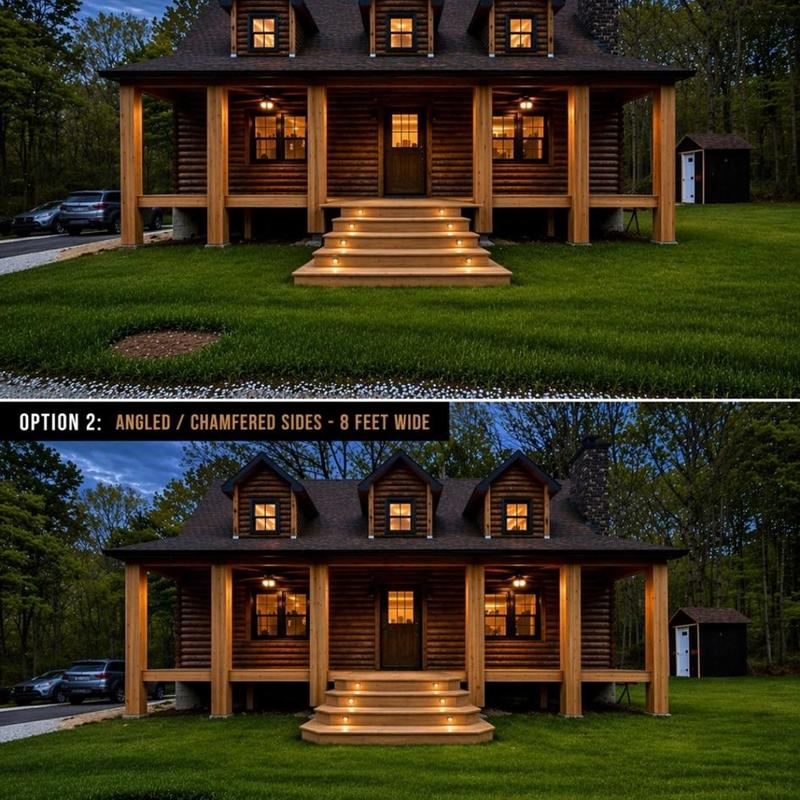 Porch stairs with lighting at log cabin front entrance