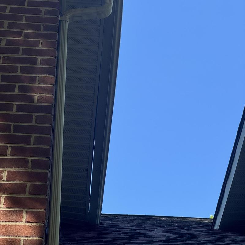 Gutter and downspout inspection on brick home exterior