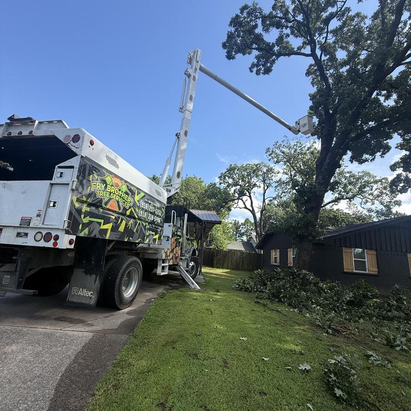 Bucket truck tree removal of storm-damaged tree Bucket truck tree removal of storm-damaged tree