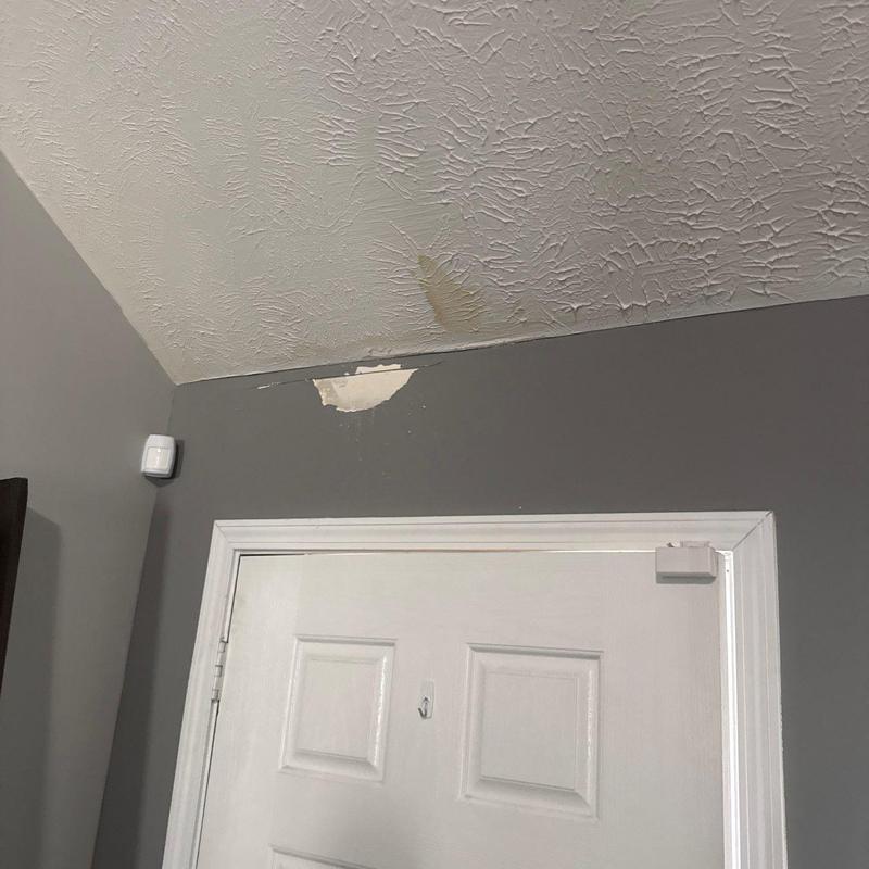 Ceiling water damage and peeling paint above door