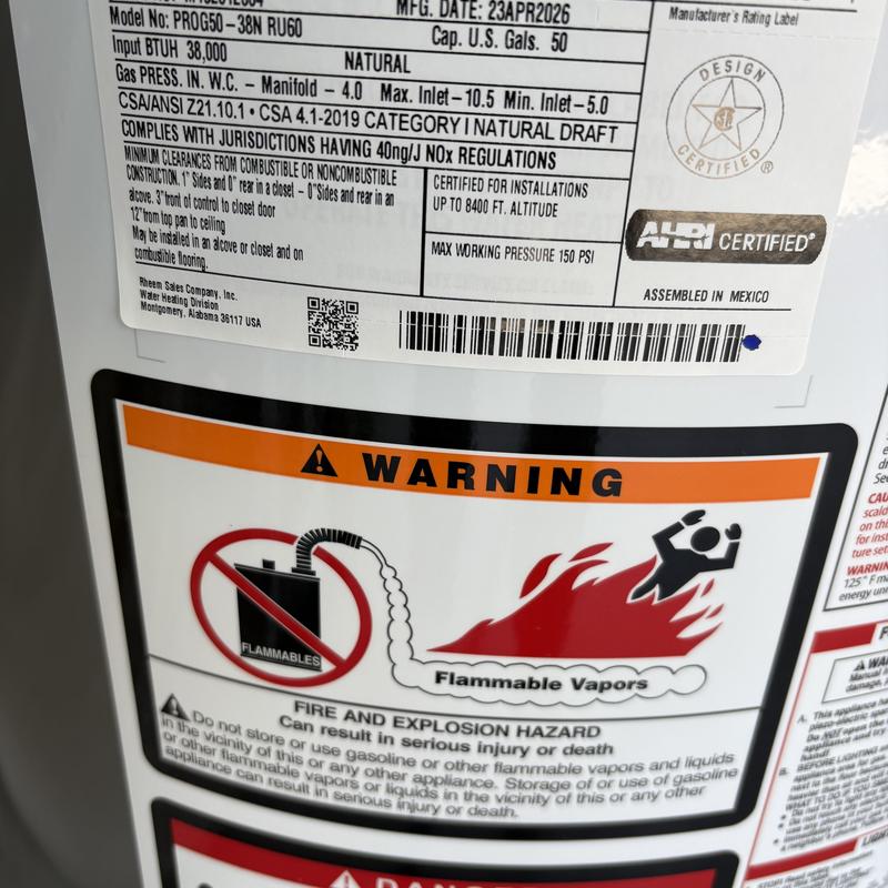 50-gallon gas water heater warning label on flammable vapors