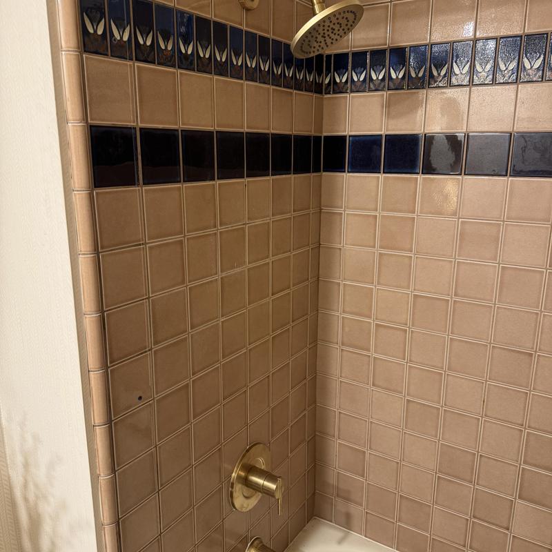 Shower valve with gold trim and showerhead installed