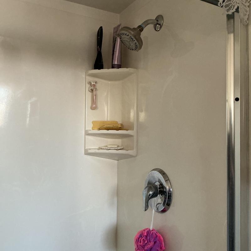 Shower valve and showerhead with corner shelf installed