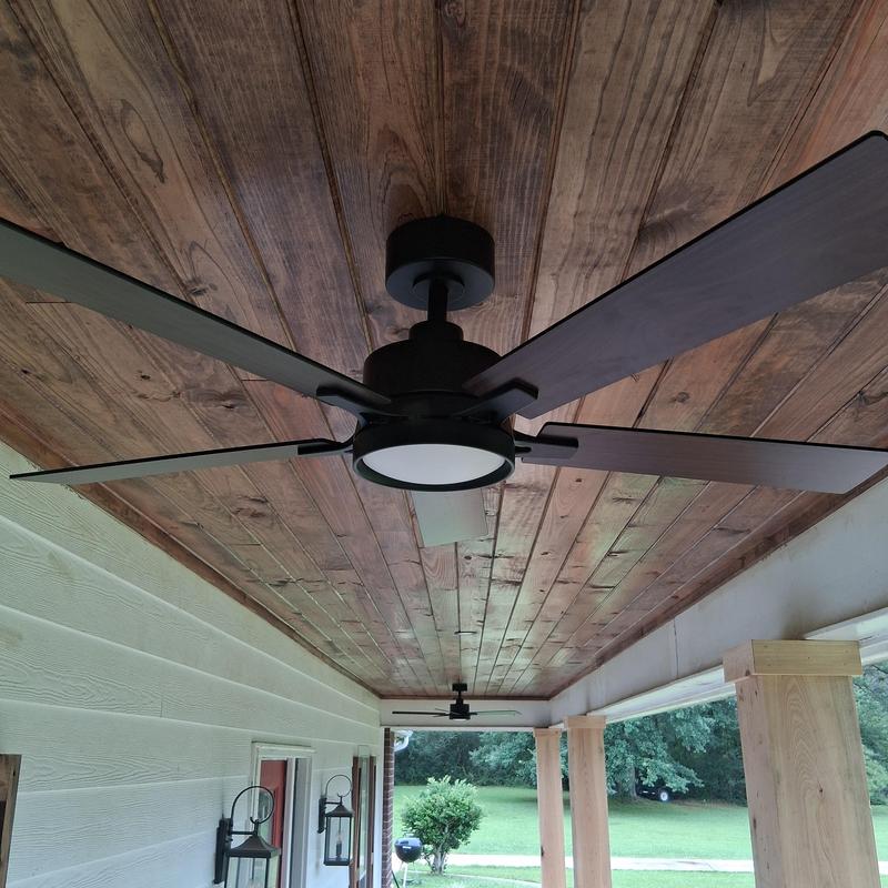 Ceiling fans and LED light on stained wood ceiling Ceiling fans and LED light on stained wood ceiling