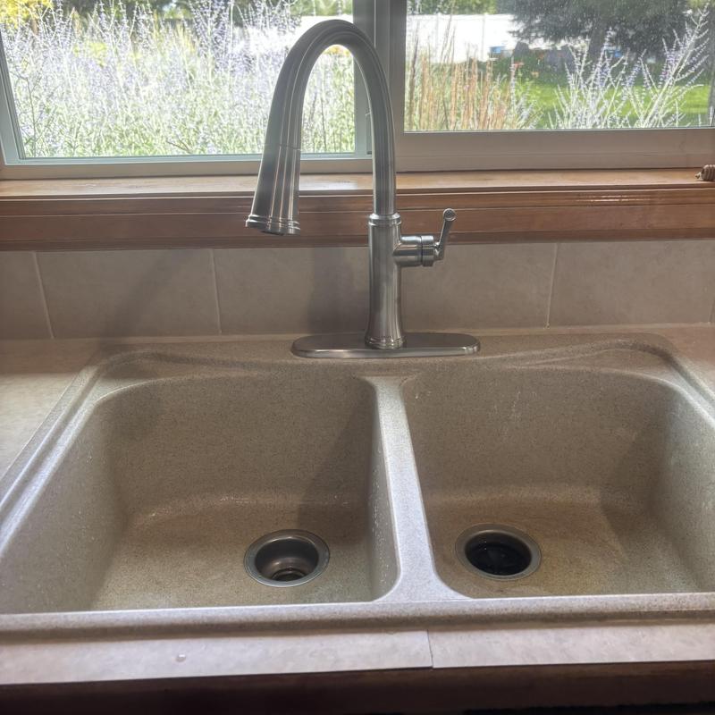 Kitchen faucet and double sink with sprayer hose
