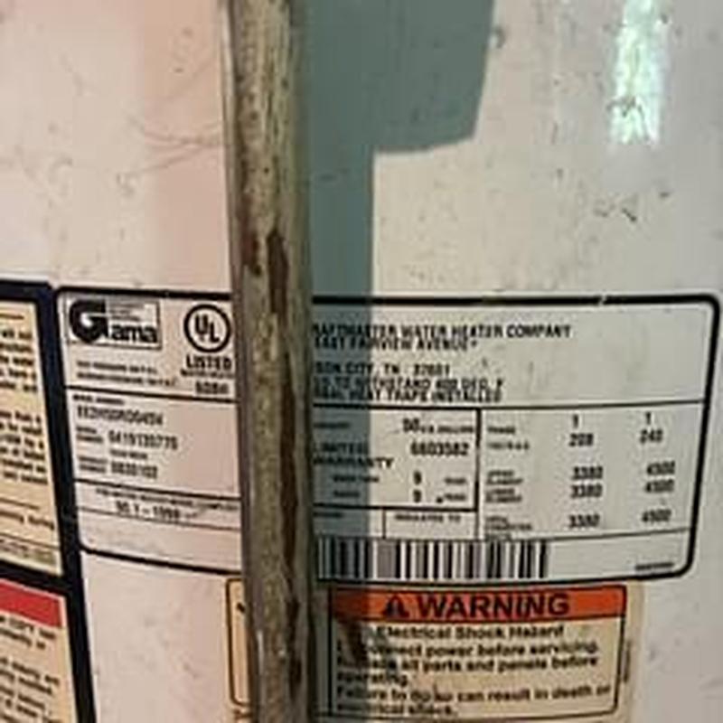 Water heater label with specifications and warning text