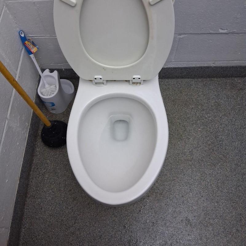Toilet bowl with plunger and toilet brush nearby