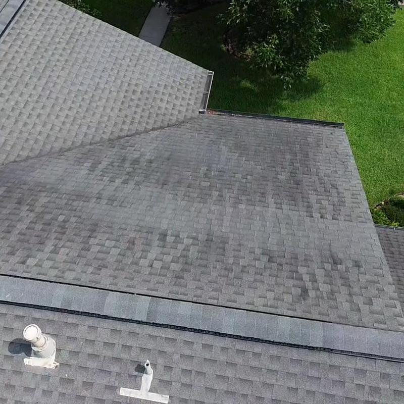Asphalt shingle roof section with vent pipes and drip edge