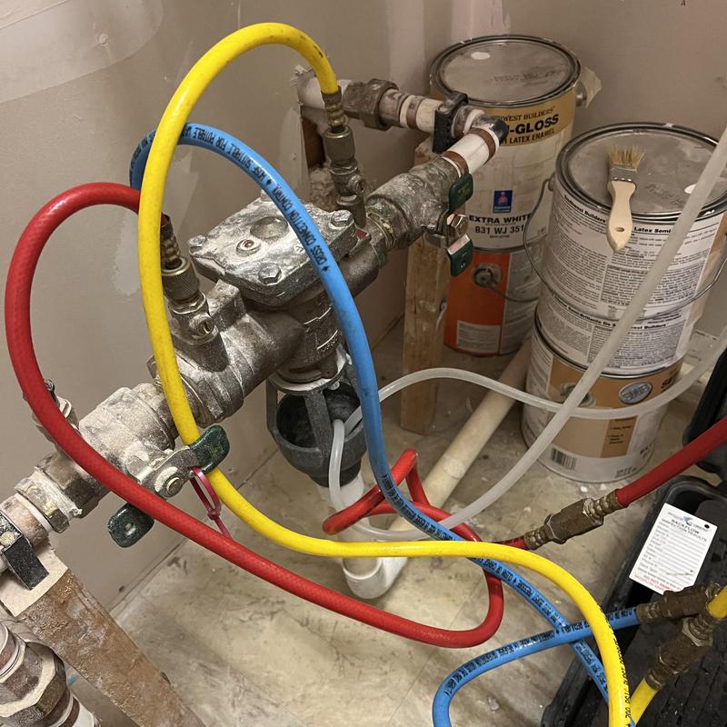 Backflow assembly with pressure testing gauges attached