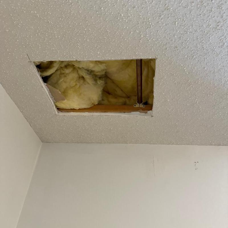Ceiling access panel with insulation and piping visible