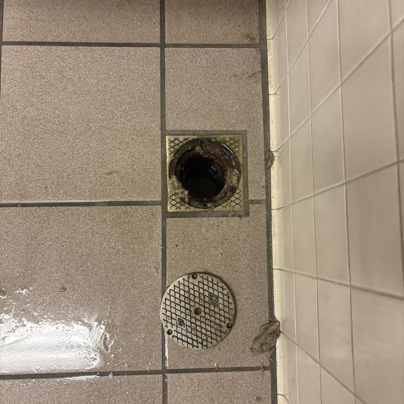 Mainline cleanout drain with removed cover on tiled floor