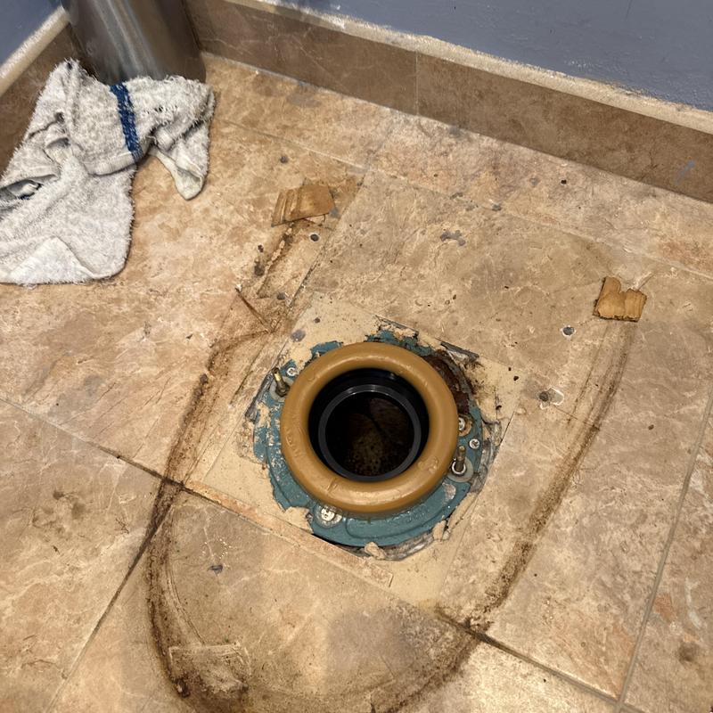 Toilet flange with new wax ring on bathroom floor