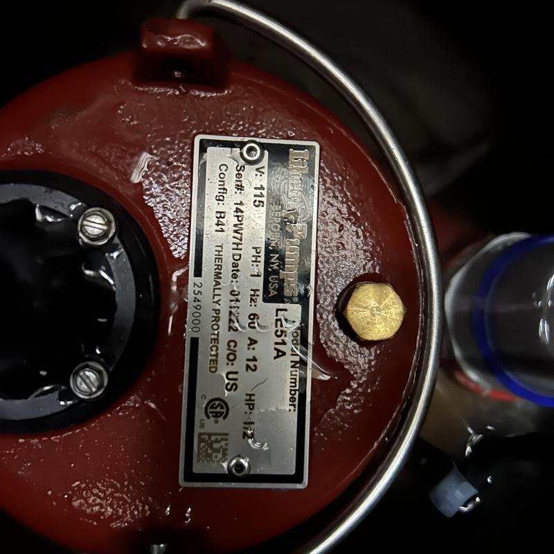 Sump pump motor label with model and electrical specs