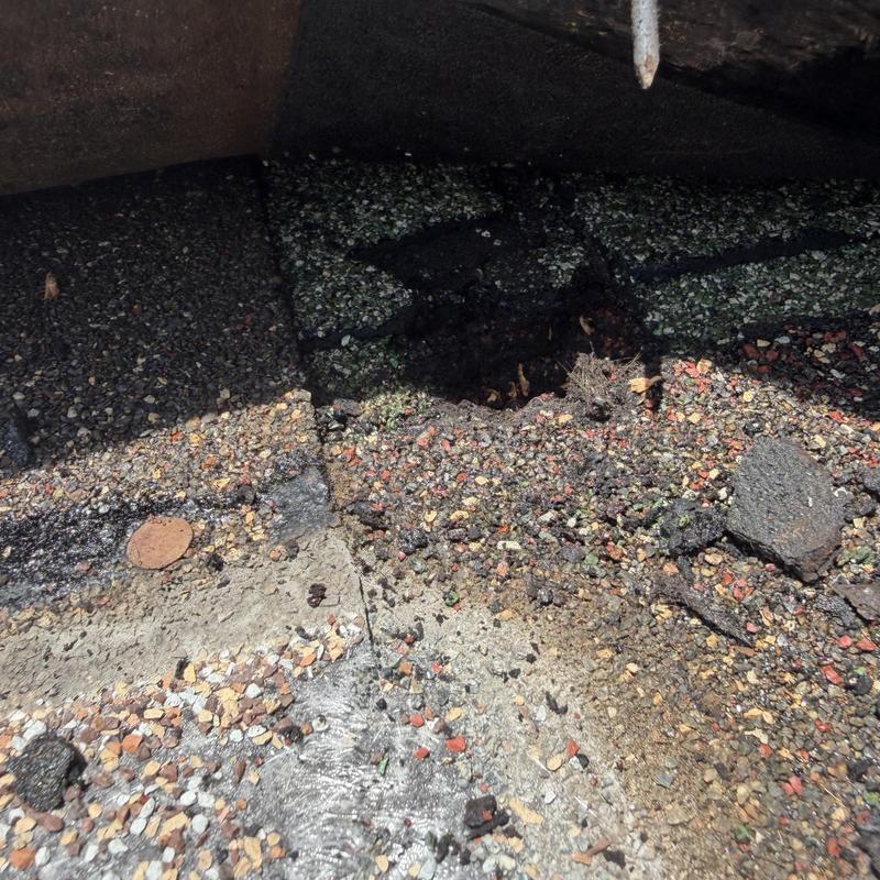 Torch down flat roofing membrane with damage and debris Torch down flat roofing membrane with damage and debris