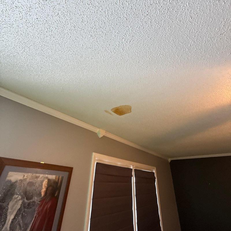 Ceiling drywall with water stain damage above window