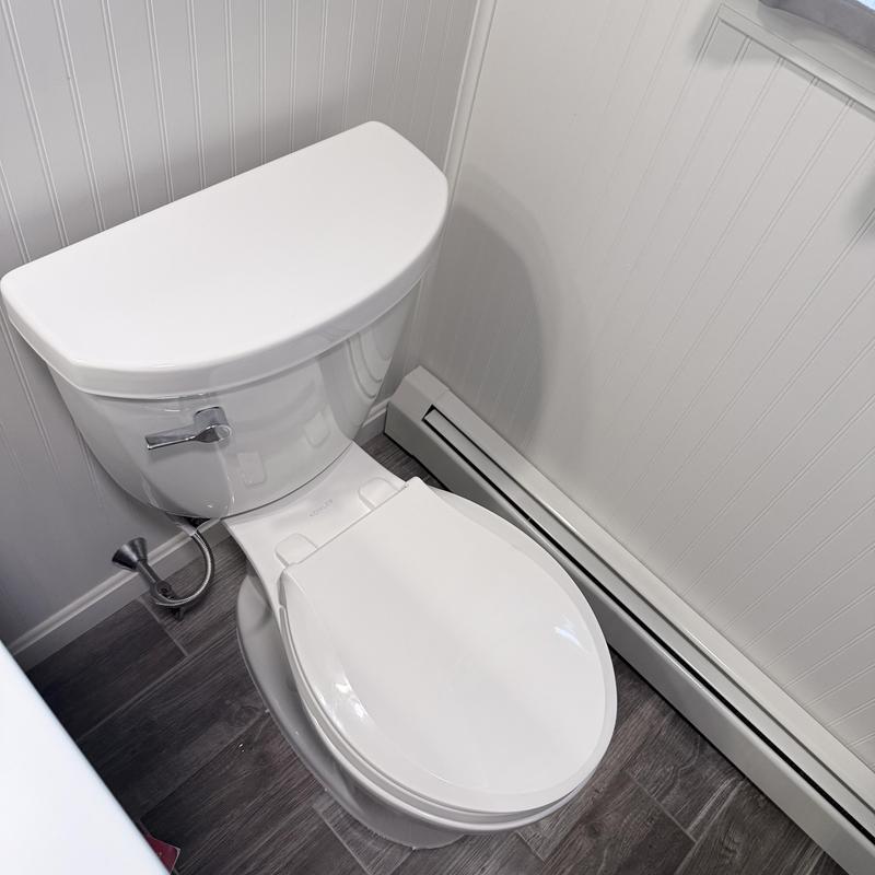 Toilet with chrome flush handle in bathroom corner Toilet with chrome flush handle in bathroom corner