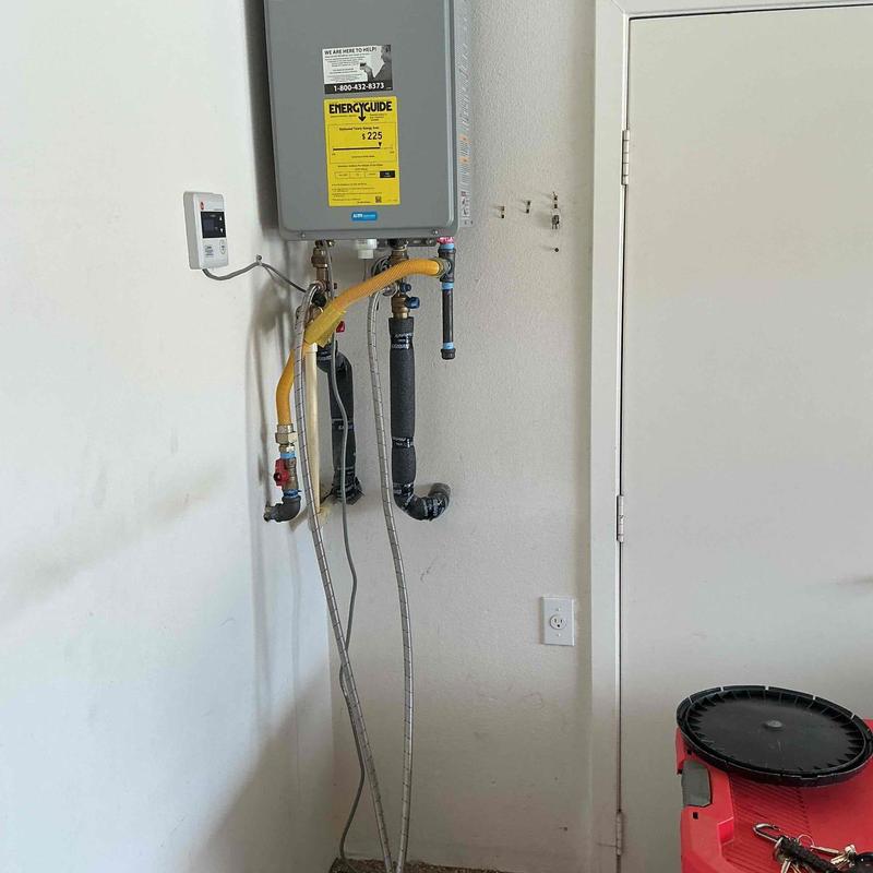 Tankless water heater with flush hoses attached