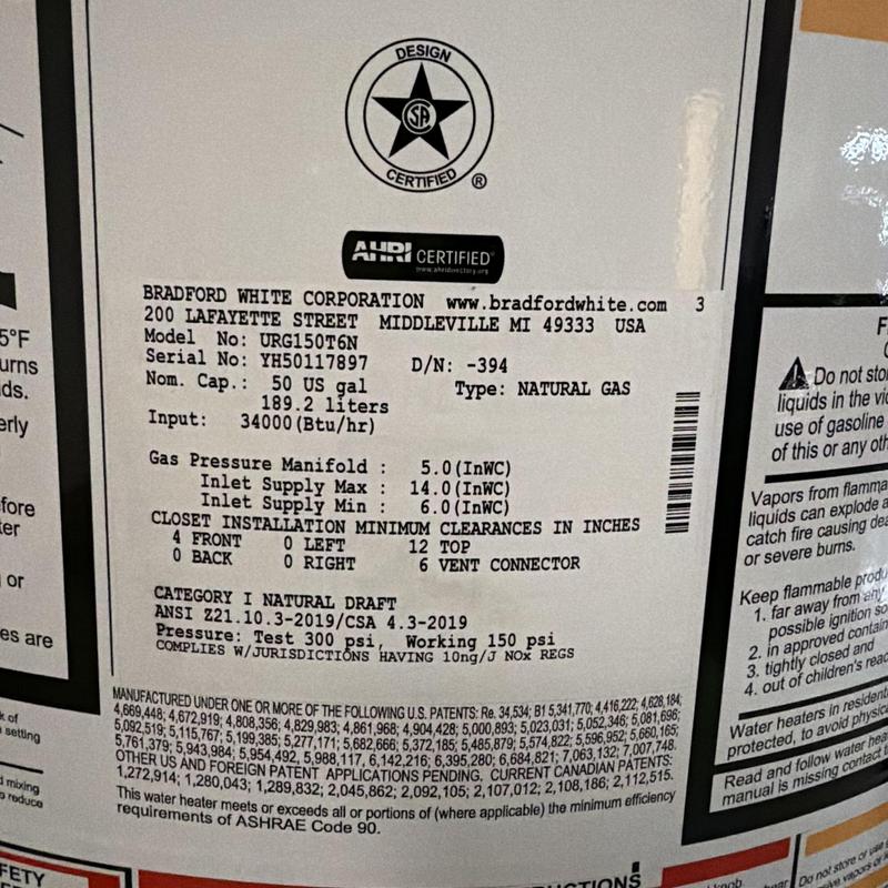 50-gallon natural gas water heater label details
