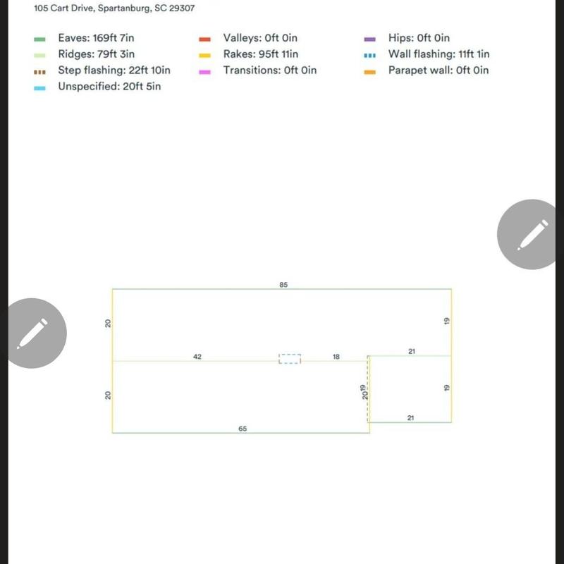 Roof measurement plan with dimensions and flashing details