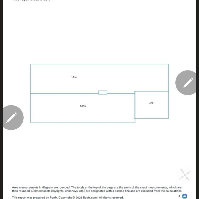Roof area measurement diagram with section sizes