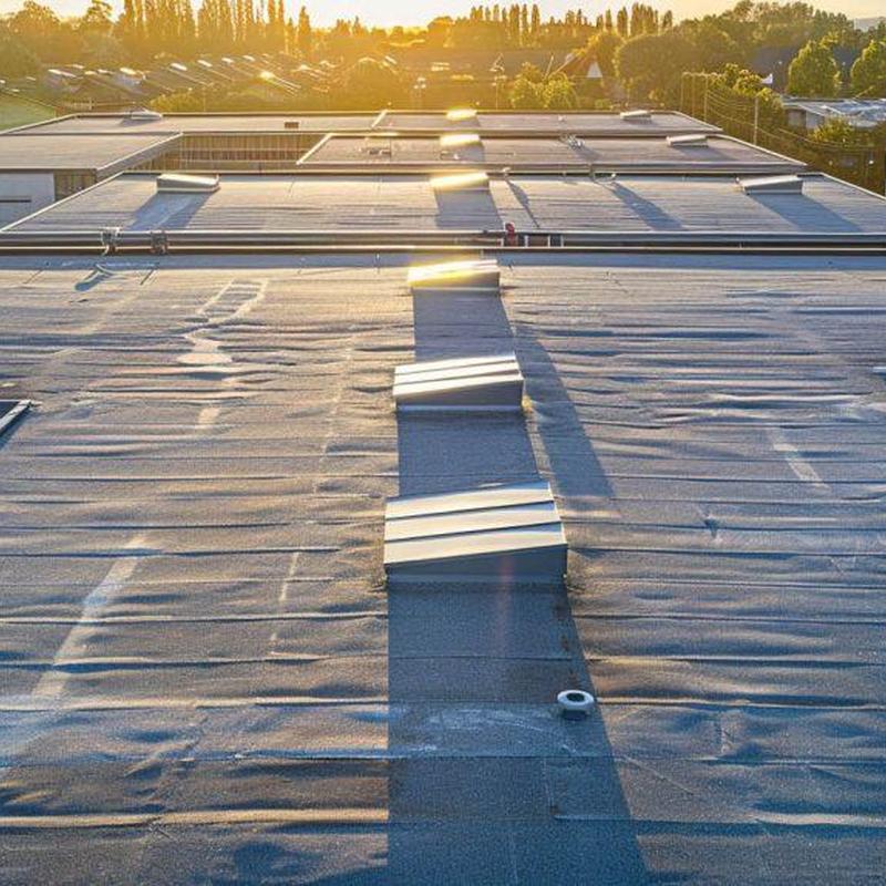 Commercial flat roof with vent covers at sunrise Commercial flat roof with vent covers at sunrise