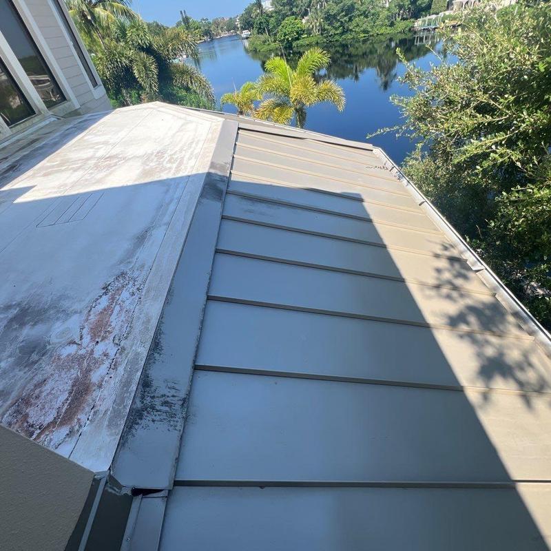 Metal roof panel section with adjacent flat deck Metal roof panel section with adjacent flat deck