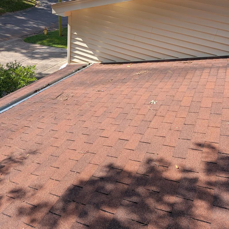Three tab shingle roof with minor debris and shadows