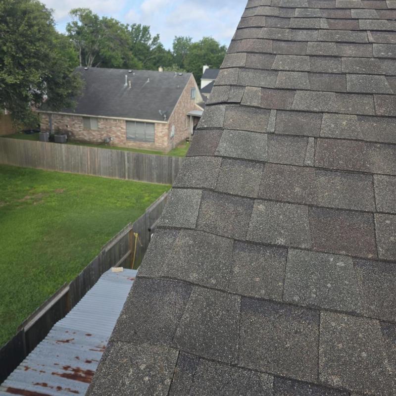 Architectural shingle roof showing weathering and exposed nails