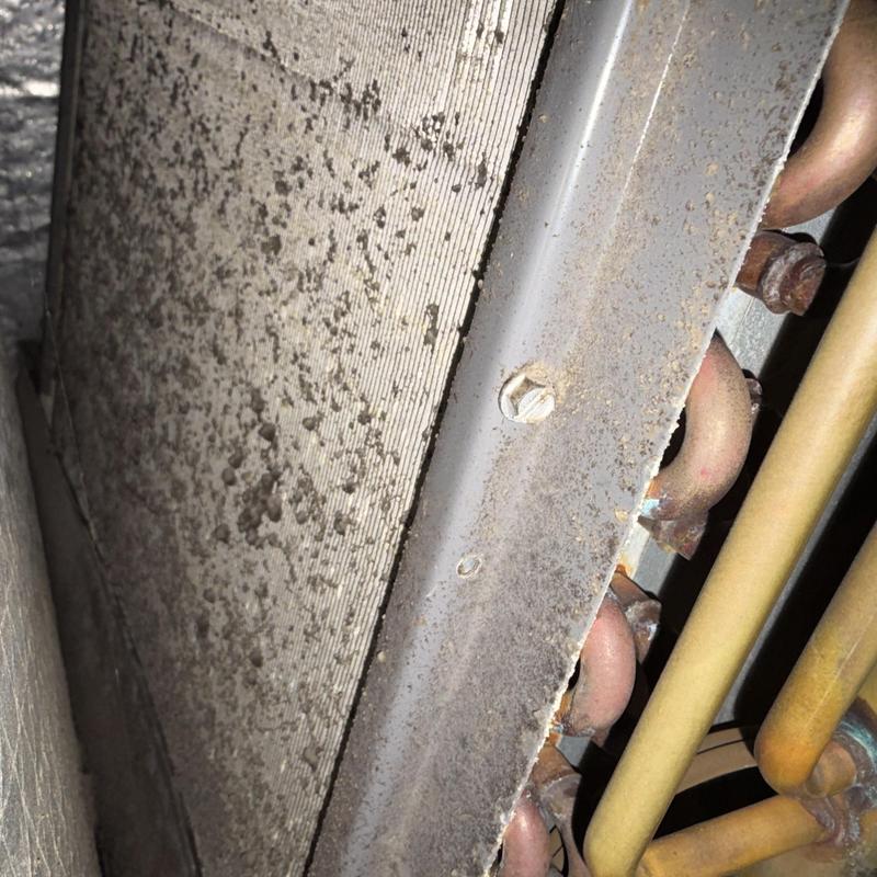 Evaporator coil with dirt buildup and corrosion Evaporator coil with dirt buildup and corrosion